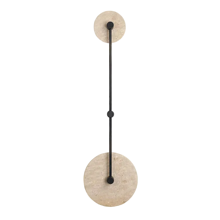 Modern wall lamp with round beige shades and black cable on a white background
