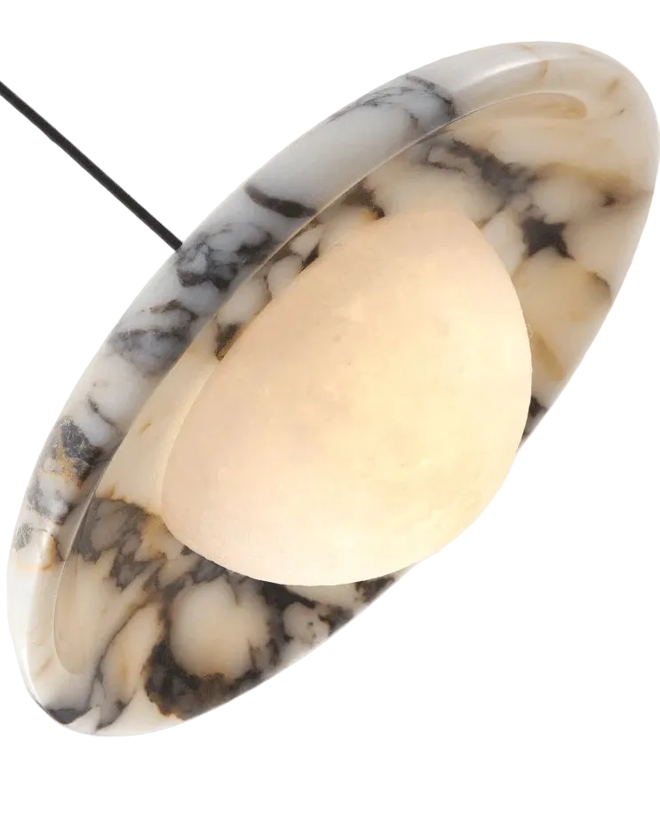 Marble-patterned pendant light on a white background