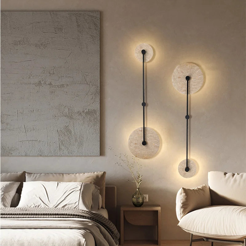Vetro marble double wall light natural travertine disc wall sconce with soft halo illumination