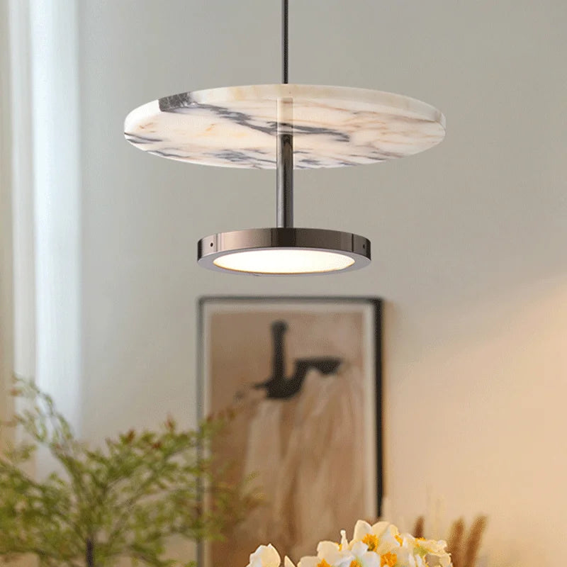 Luna marble pendant light floating natural stone disc pendant with warm LED illumination