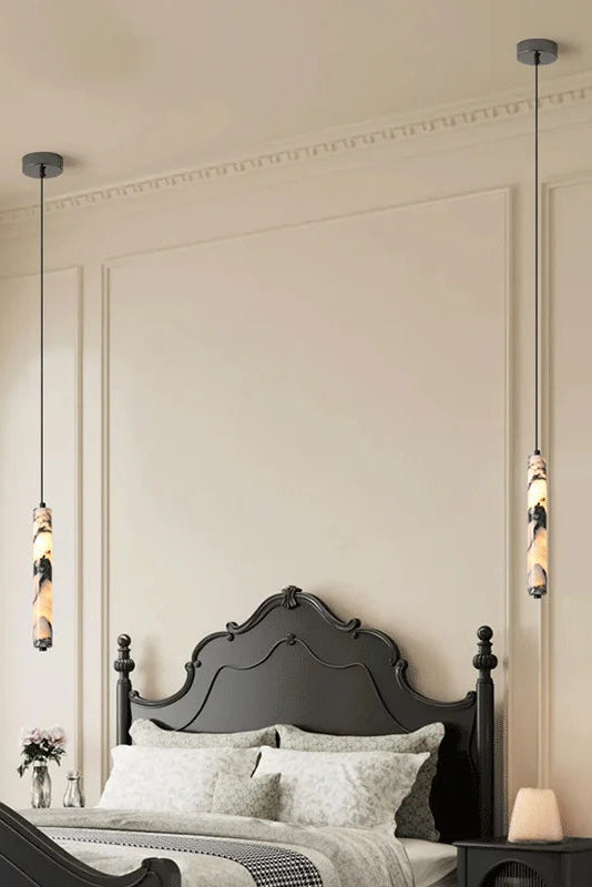 Siena marble slim pendant light natural stone cylinder hanging light with warm ambient glow