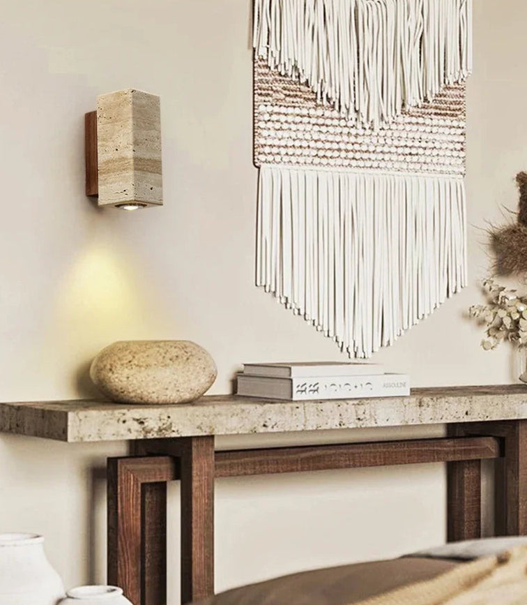 Travertine wabi sabi wall light natural stone rectangular wall sconce with warm downward glow
