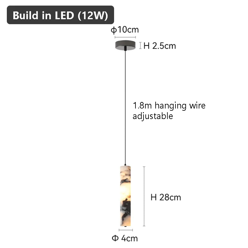 Pendant light with dimensions and features on a white background