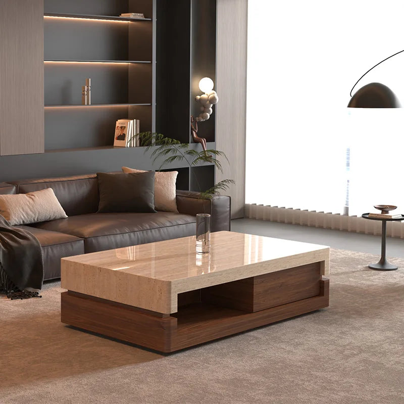 Modern living room with a wooden coffee table and gray sofa.