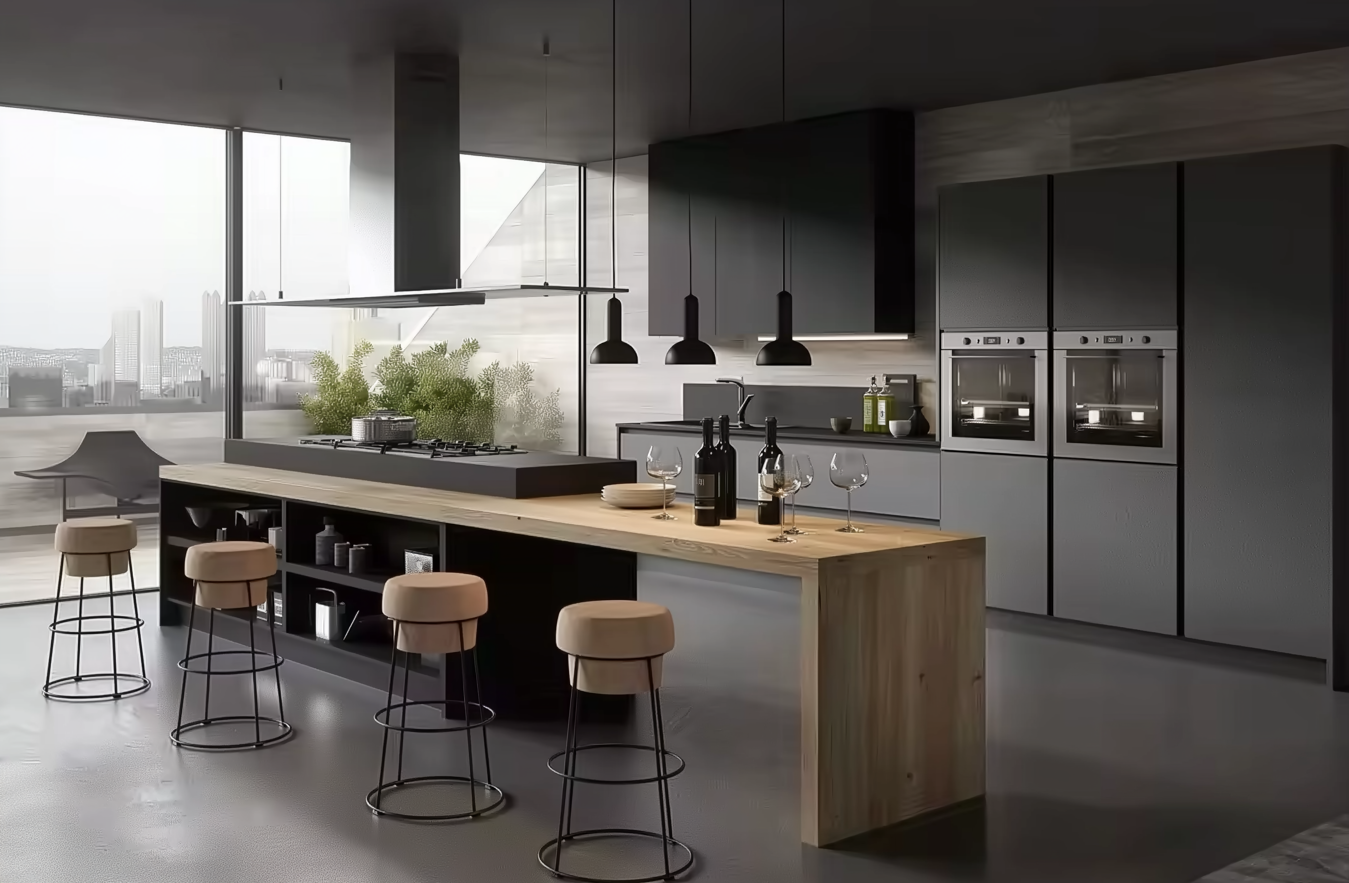 Modern kitchen with wooden island and bar stools, featuring sleek appliances and a cityscape view.