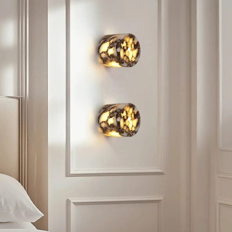 Siena marble horizontal wall light natural stone cylindrical wall sconce with warm ambient glow
