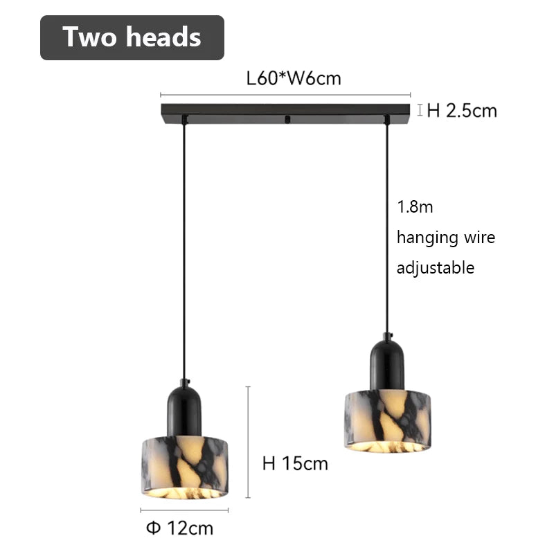 Pendant light with two heads, showing dimensions and adjustable hanging wire on a white background.
