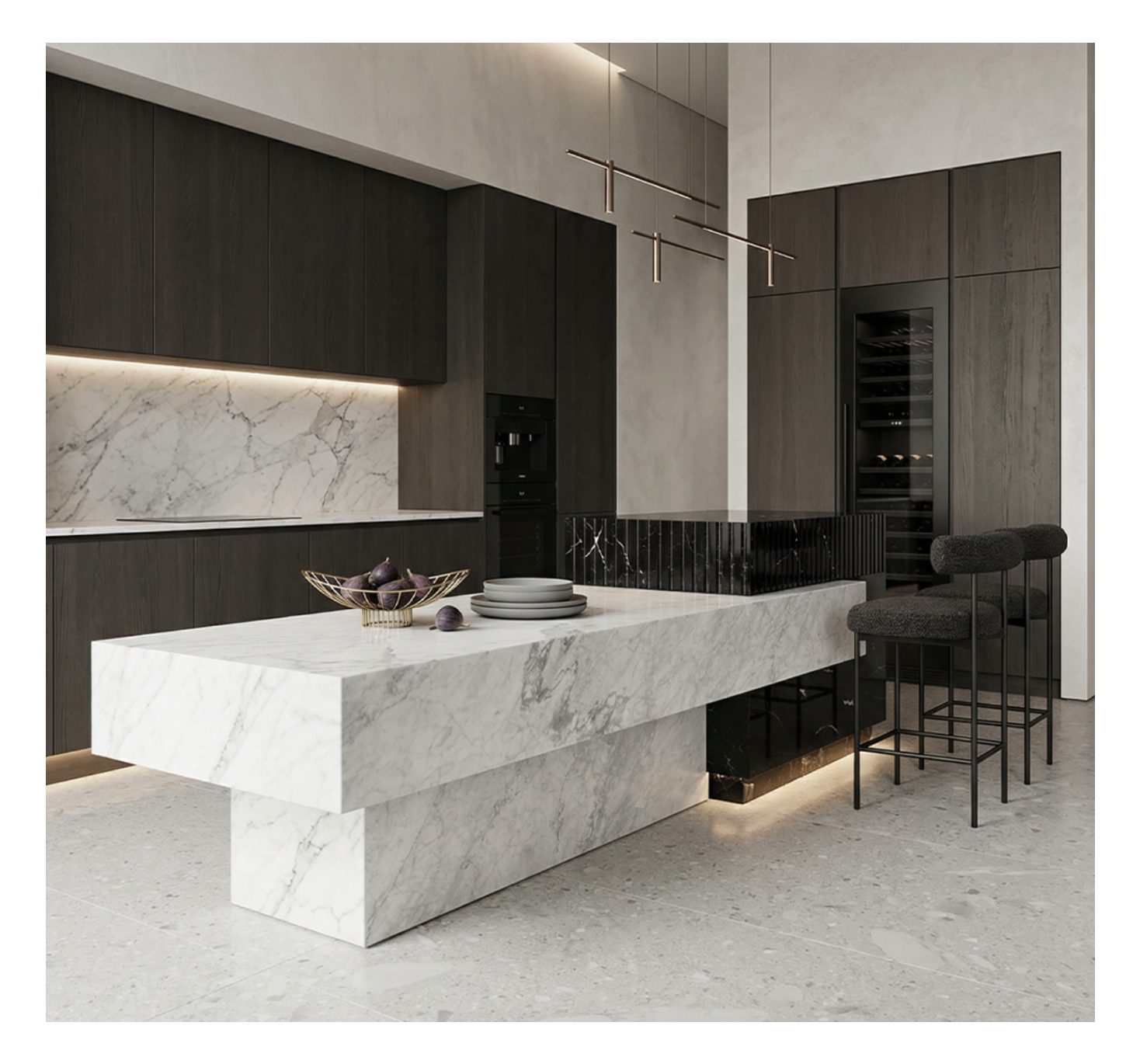 Carrara and Nero Marquina marble kitchen island with dual stone contrast design