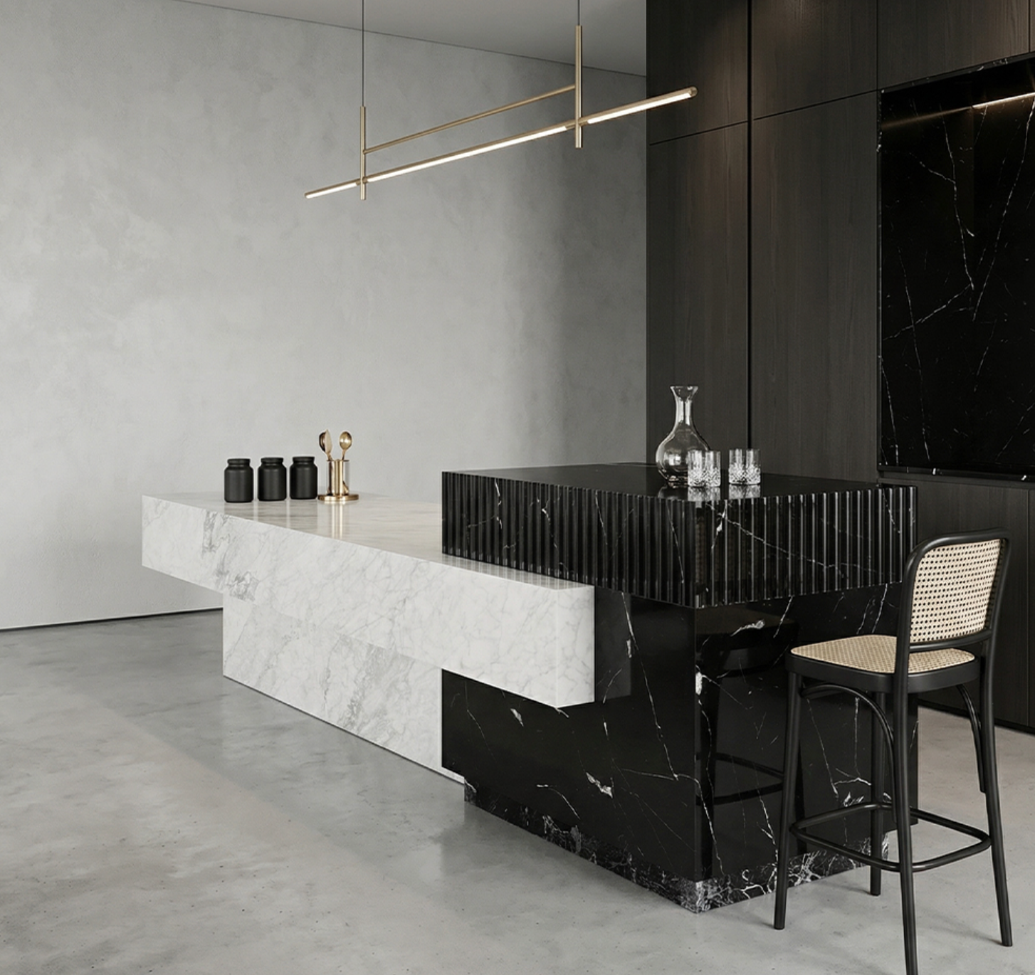 Carrara and Nero Marquina marble kitchen island with dual stone contrast design different angle.