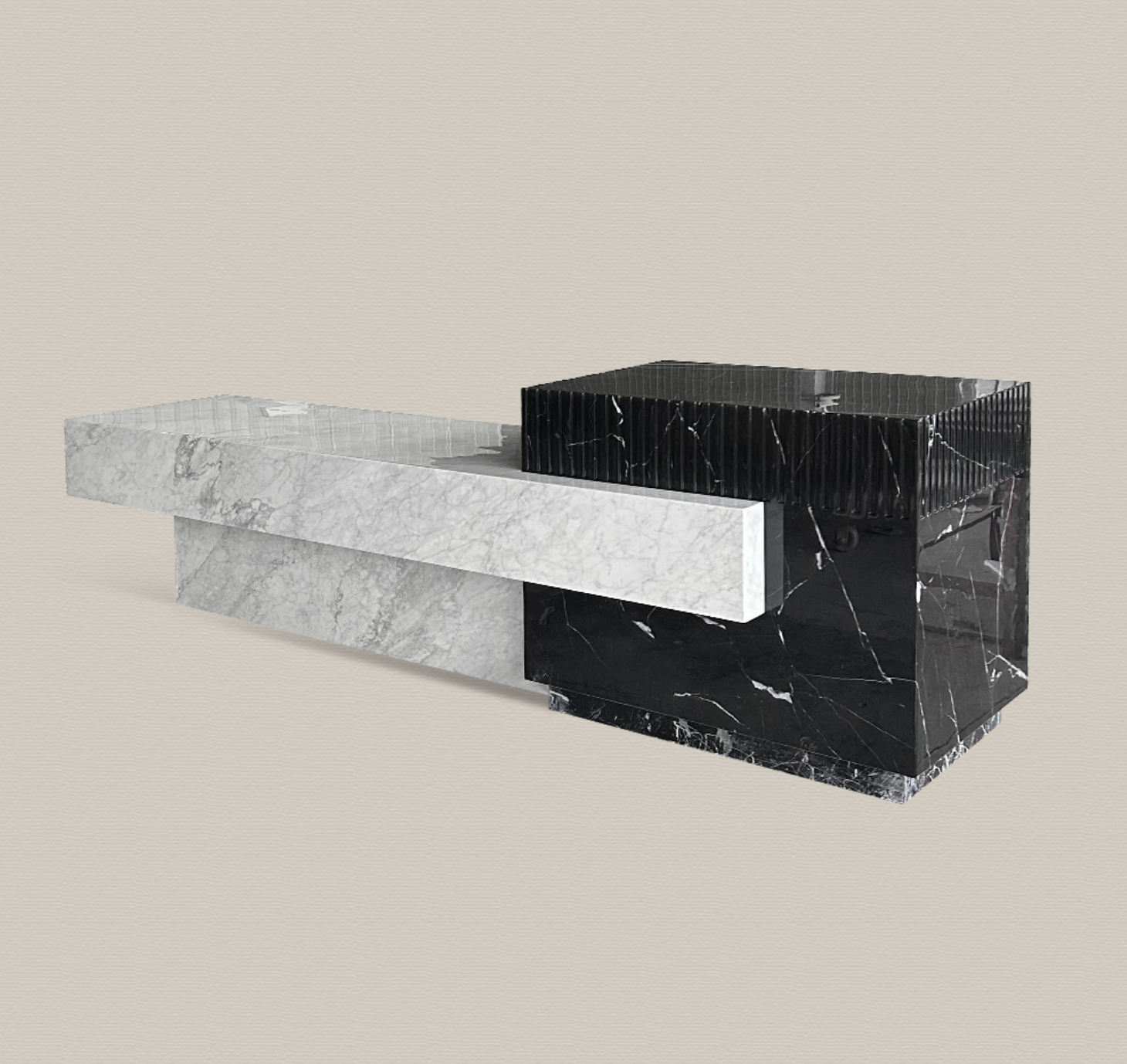 Carrara and Nero Marquina marble kitchen island with dual stone contrast design no background