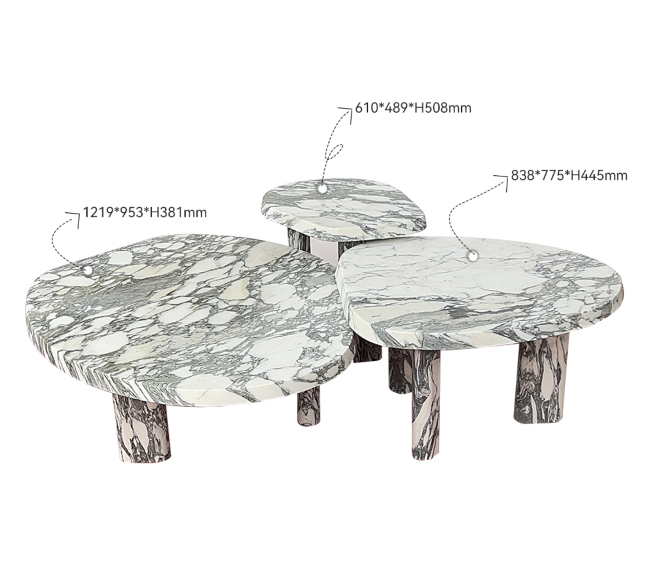 Set of three marble coffee tables with dimensions labeled on a white background