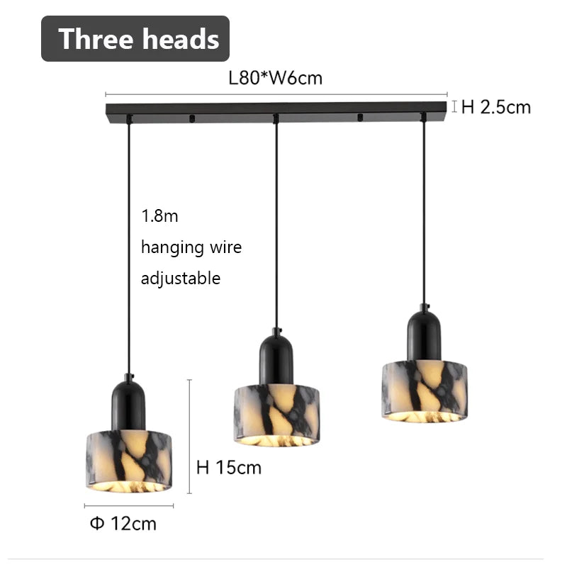 Three pendant lights with measurements on a white background