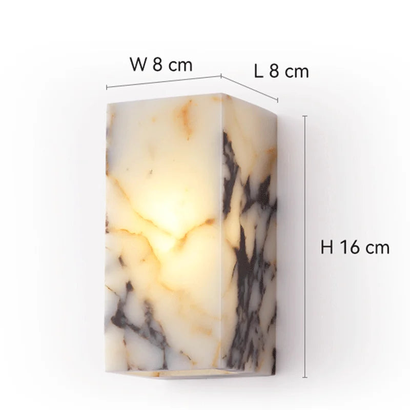 Marble-patterned rectangular candle with dimensions labeled on a white background