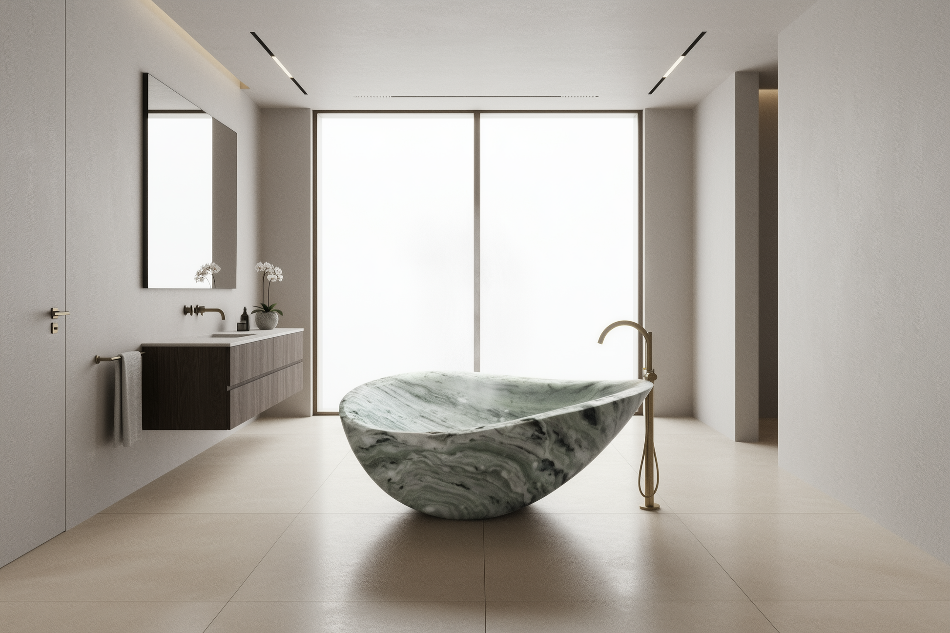 Modern bathroom with a marble bathtub and large windows.