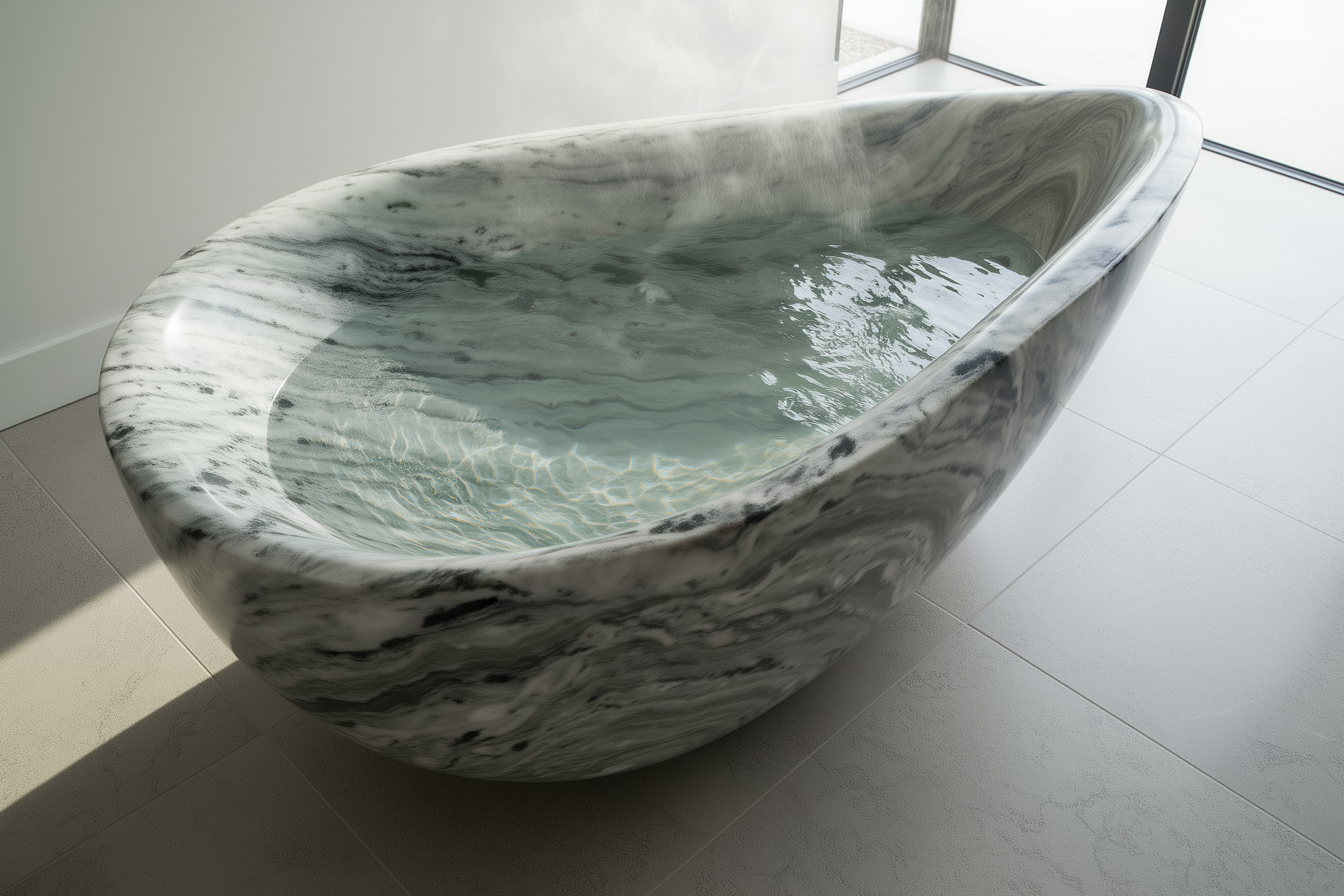 Marble-patterned freestanding bathtub in a modern interior setting