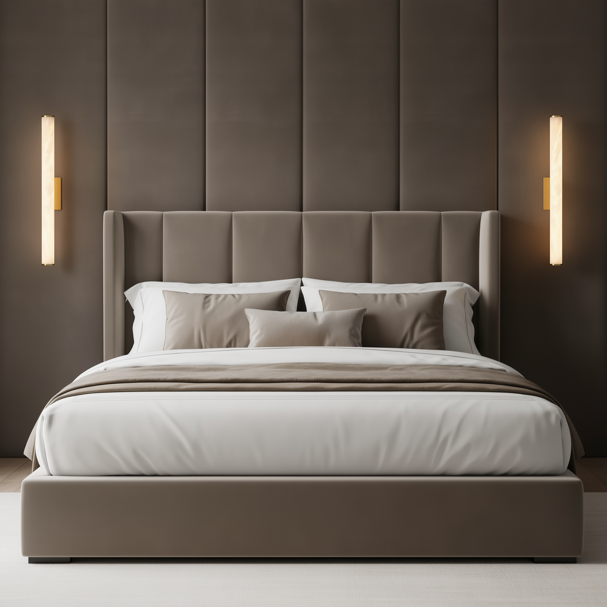 Modern bedroom with a large bed against a brown paneled wall, featuring two wall lights.