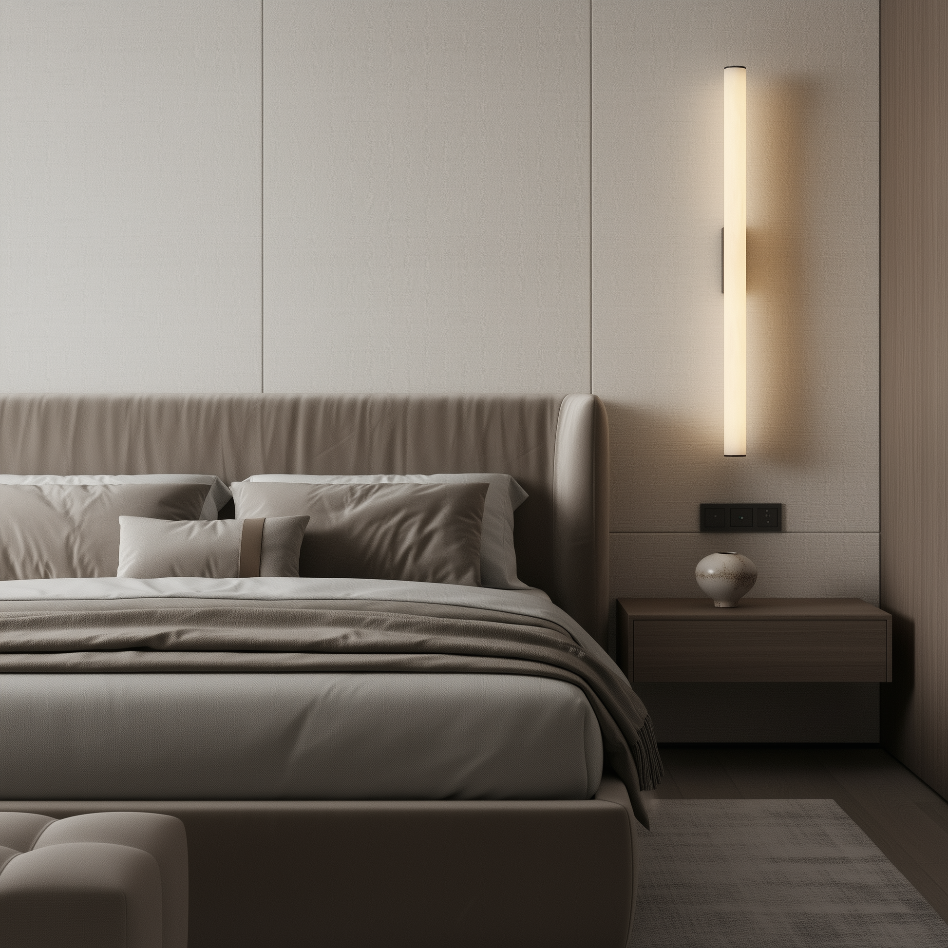 Modern bedroom with a bed, nightstand, and wall-mounted light fixture.
