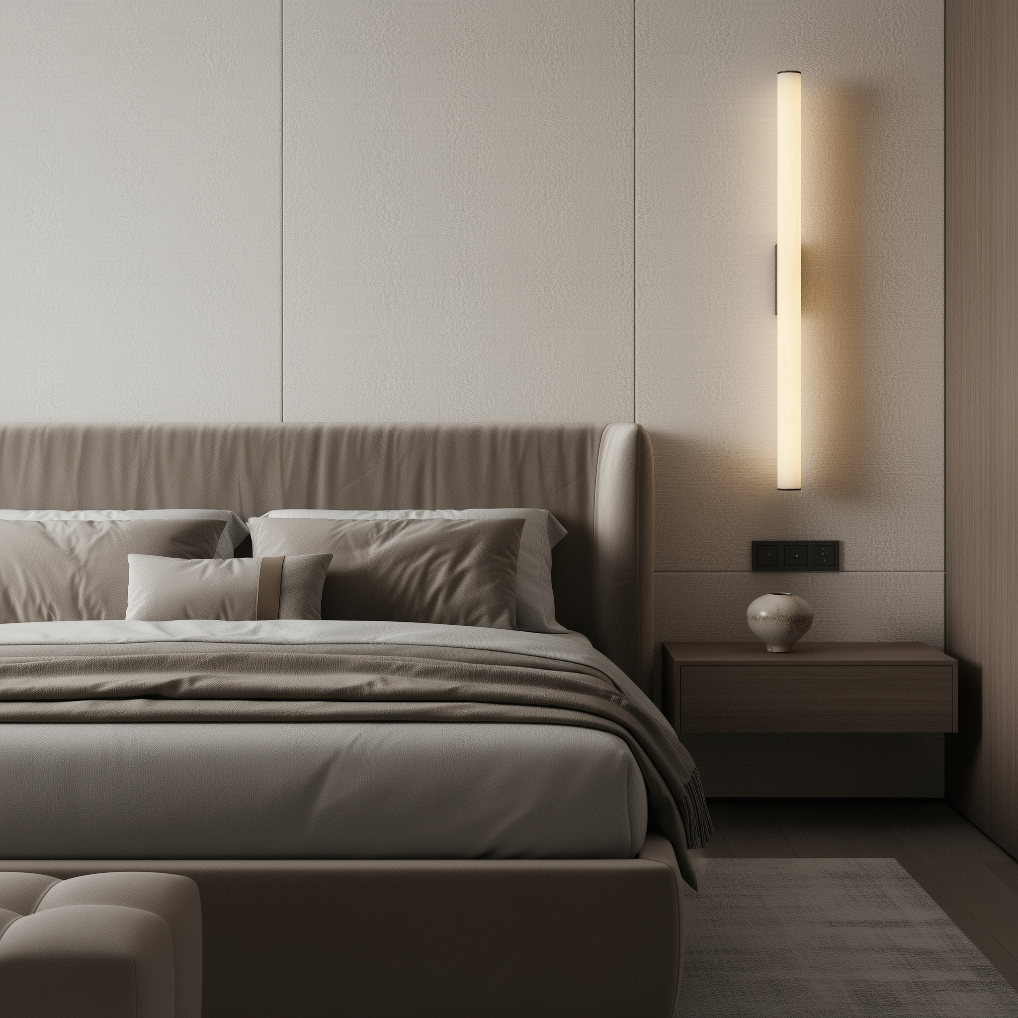 Modern bedroom with a bed, nightstand, and wall-mounted light fixture.