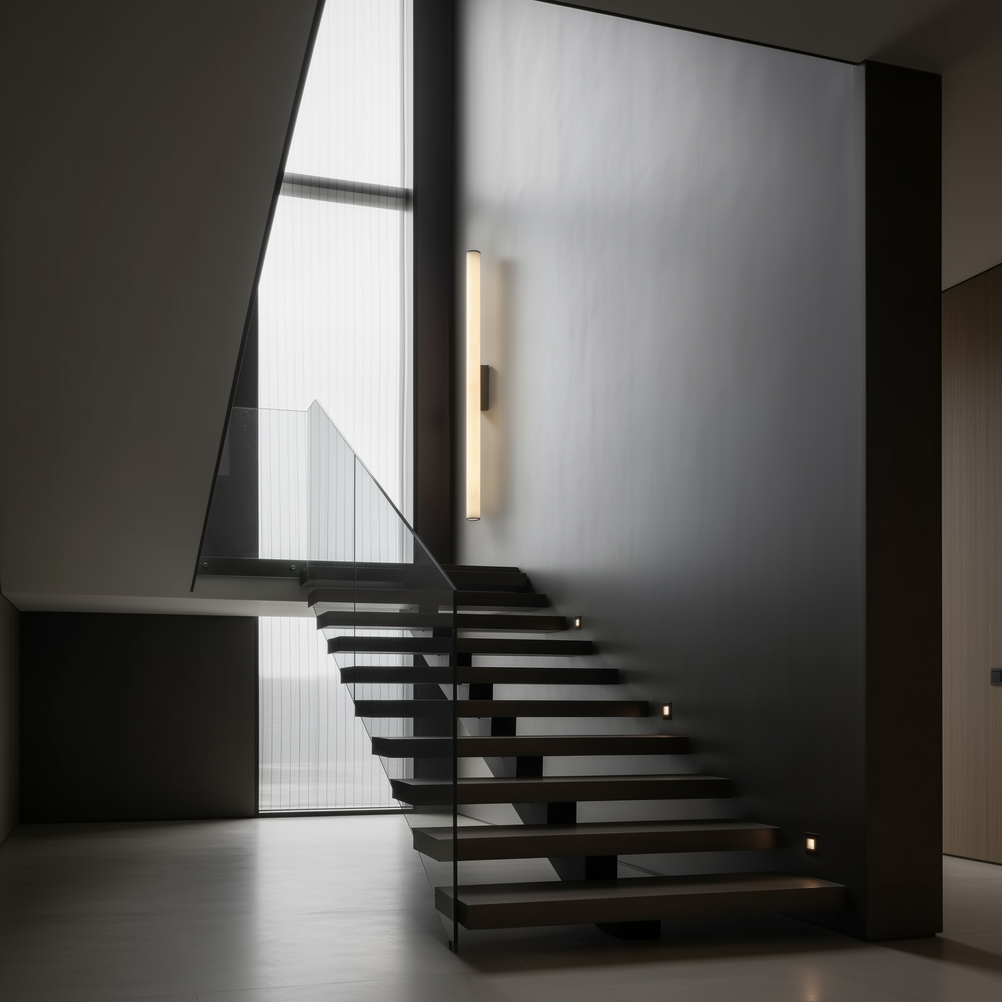 Modern staircase in a dark interior setting with minimal light