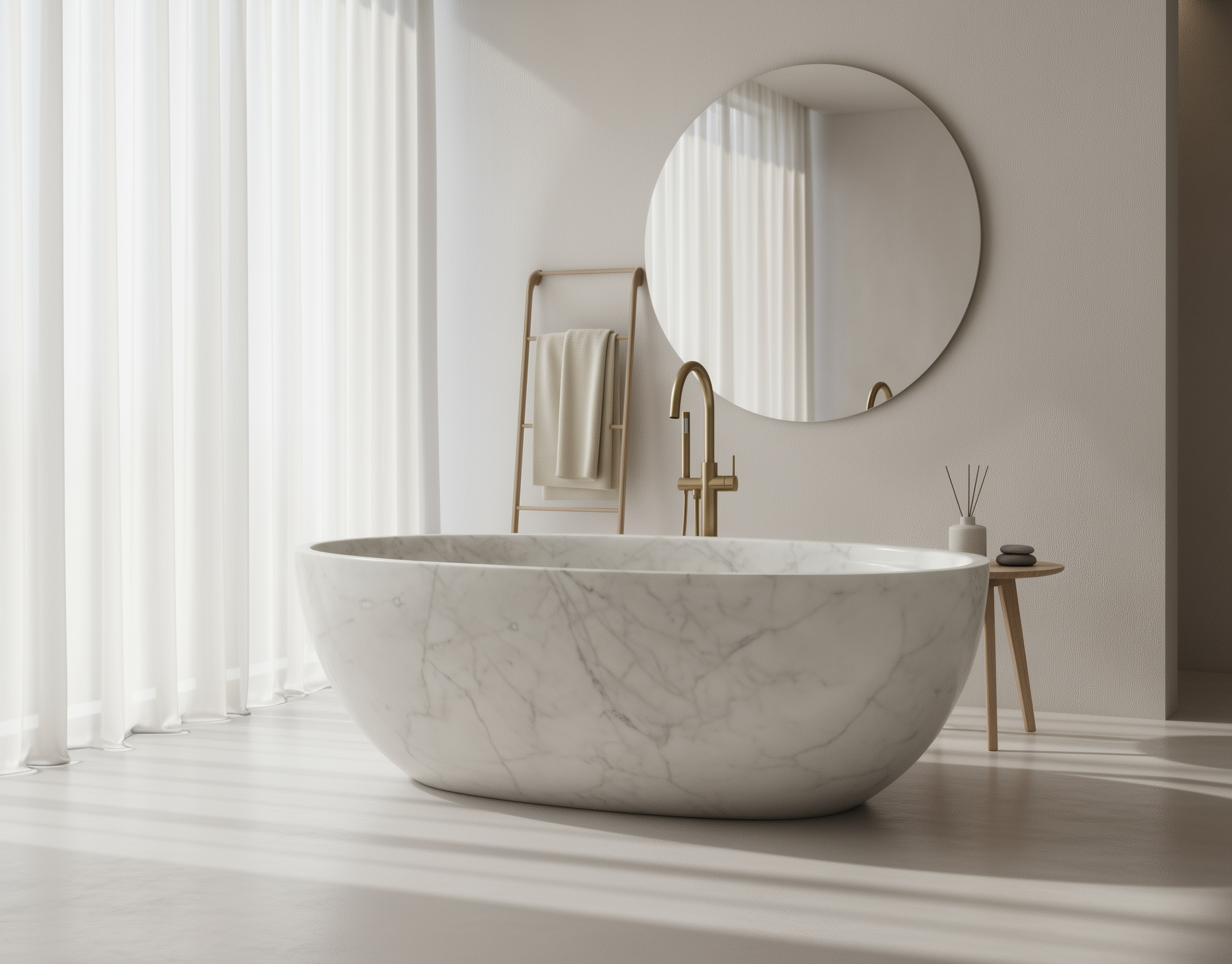 Modern bathroom with a marble bathtub, gold faucet, and round mirror.