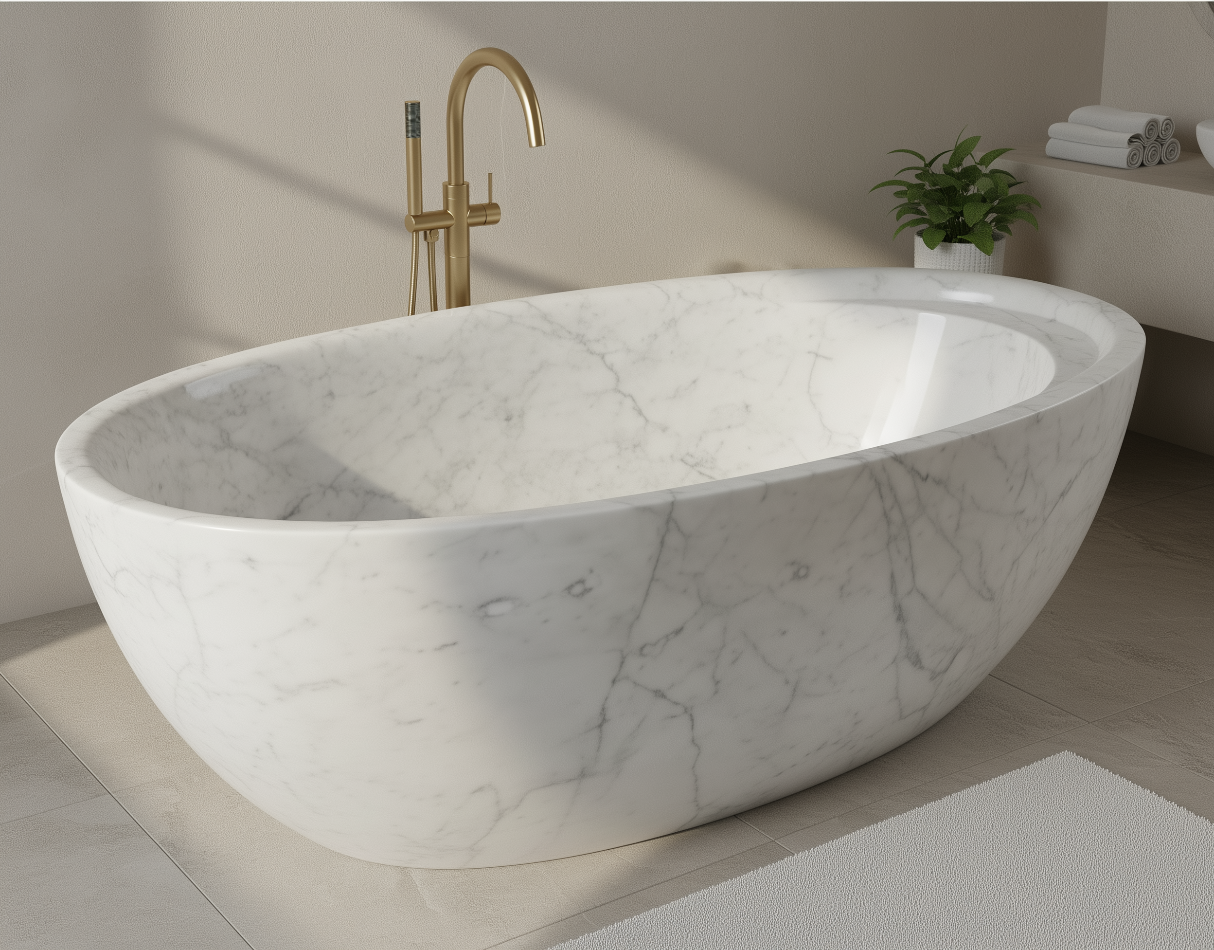 White Marble-patterned freestanding bathtub with gold faucet in a bathroom setting