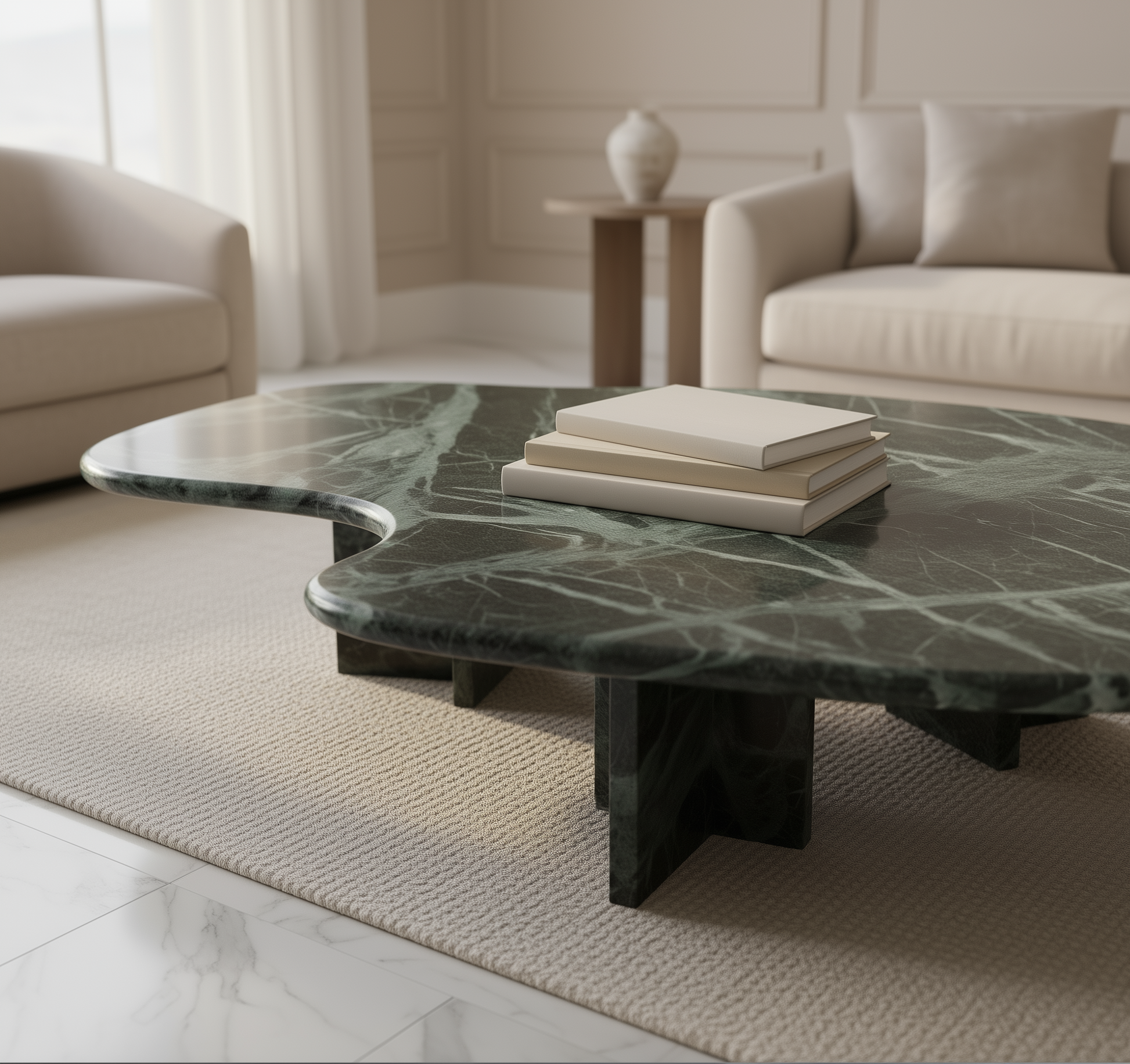 Marble coffee table in a living room setting with books on top