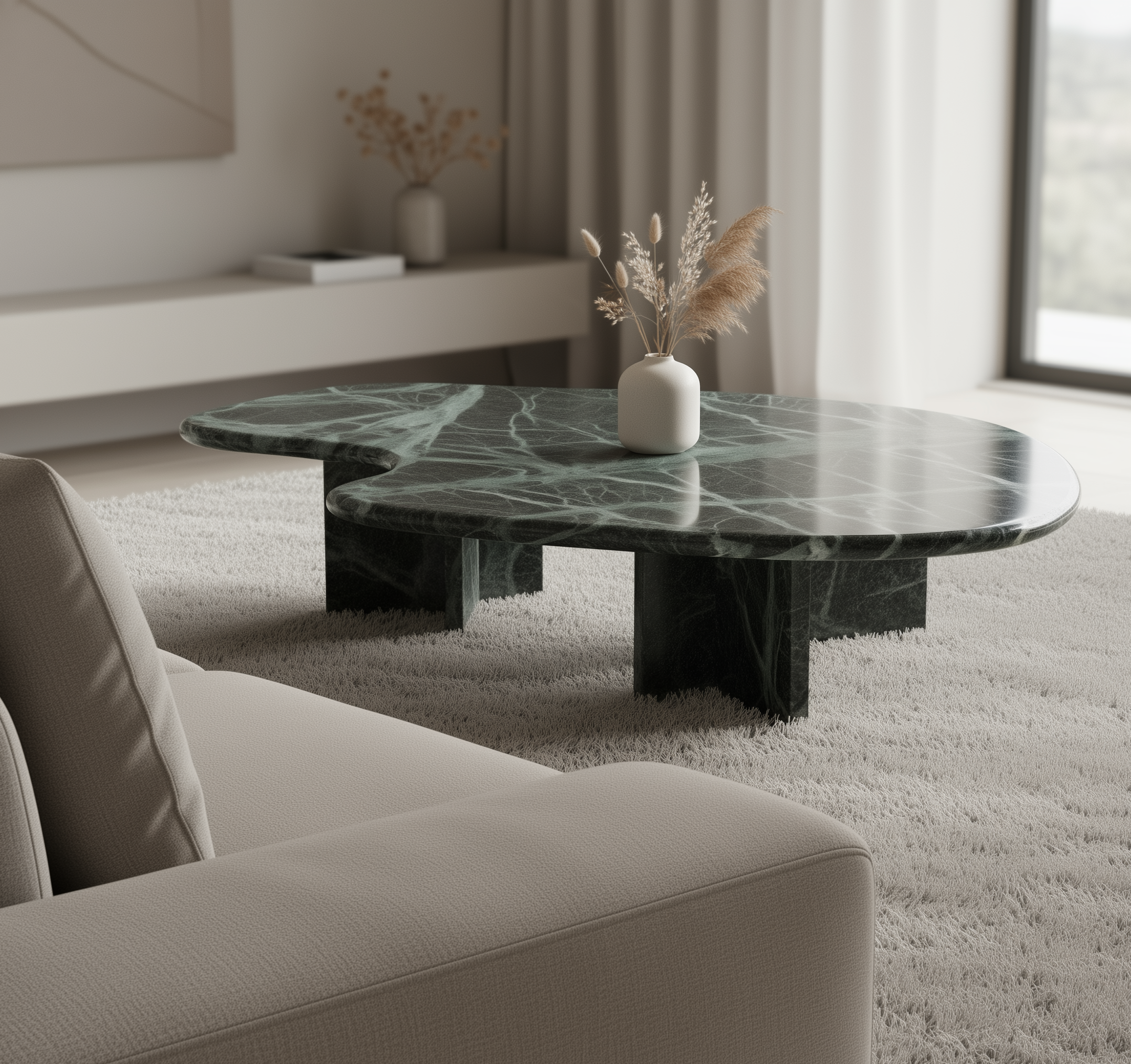 Verde Saint Denis green marble coffee table in modern living room