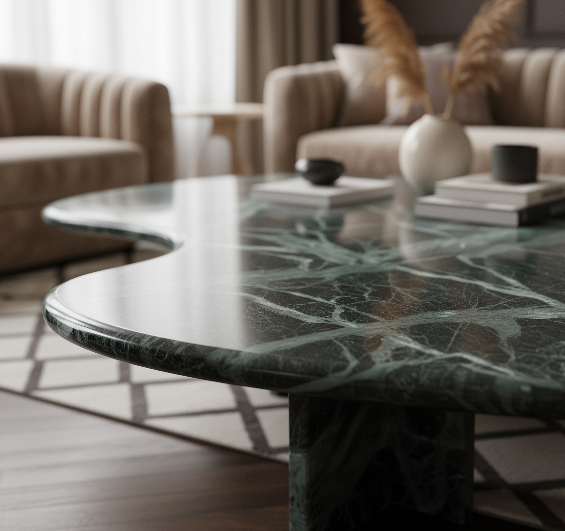 Marble coffee table in a living room setting with a couch and decor items.