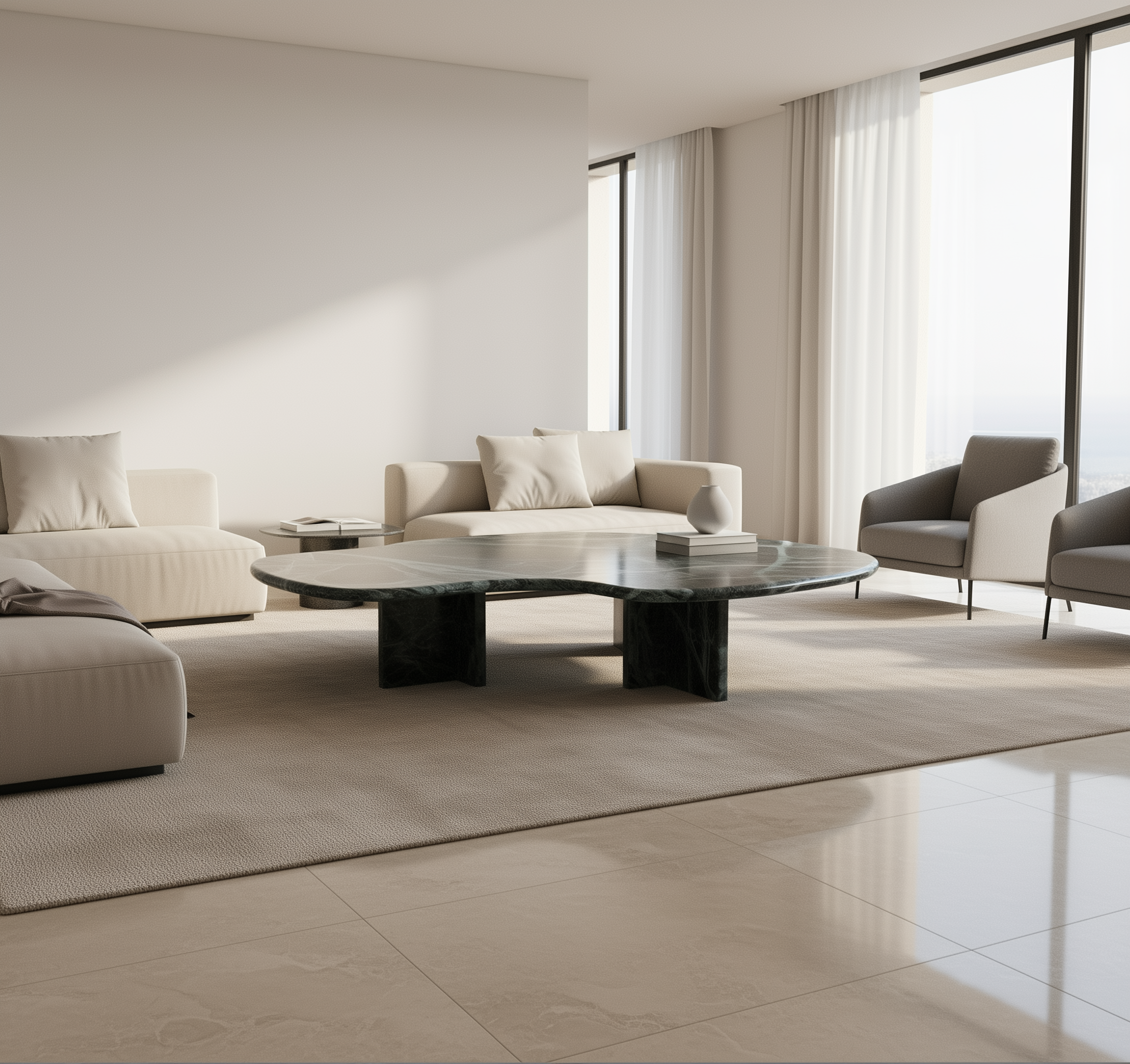 Luxury green marble coffee table with low profile and curved shape