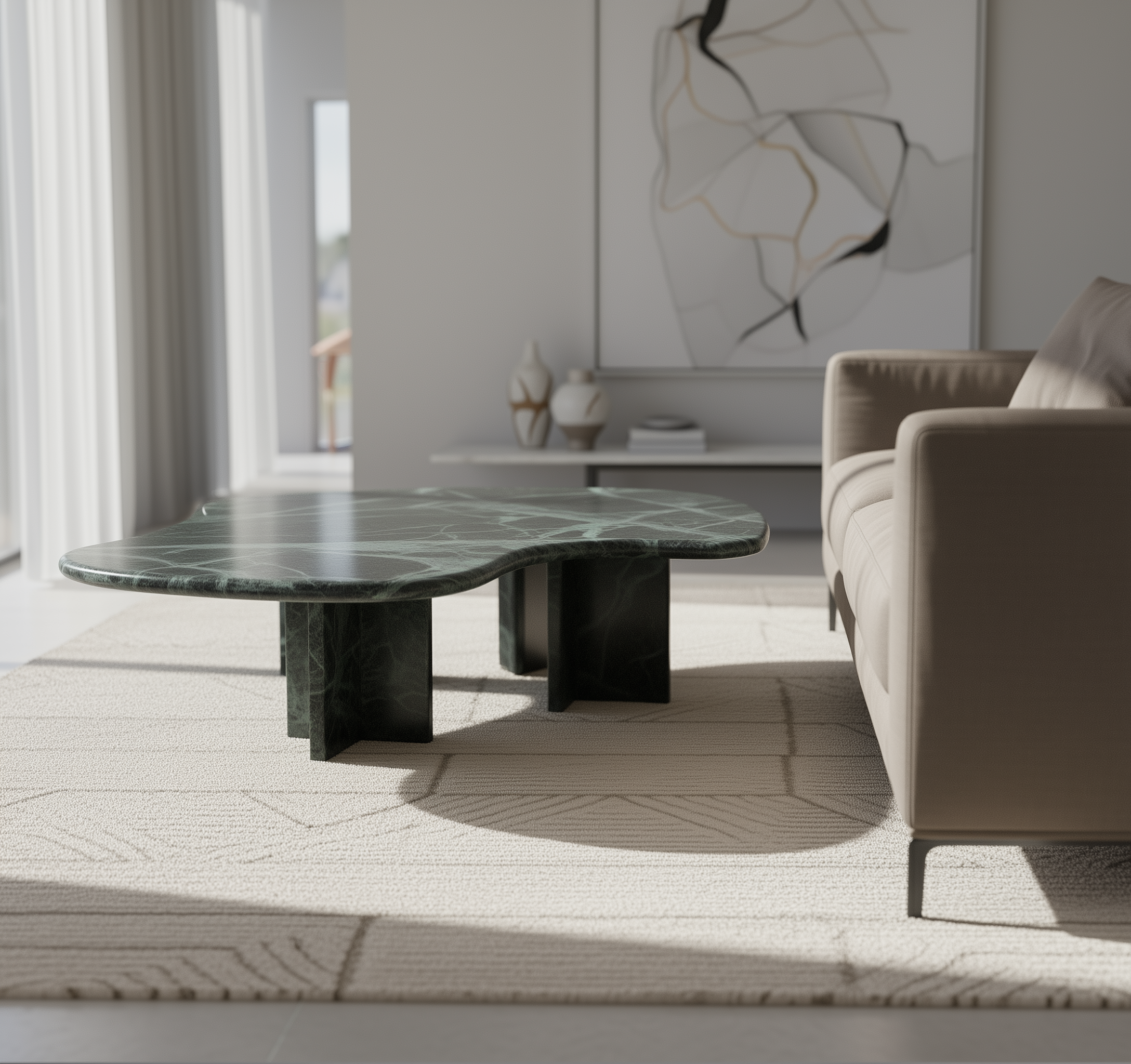 Modern living room with a green marble coffee table and beige sofa.