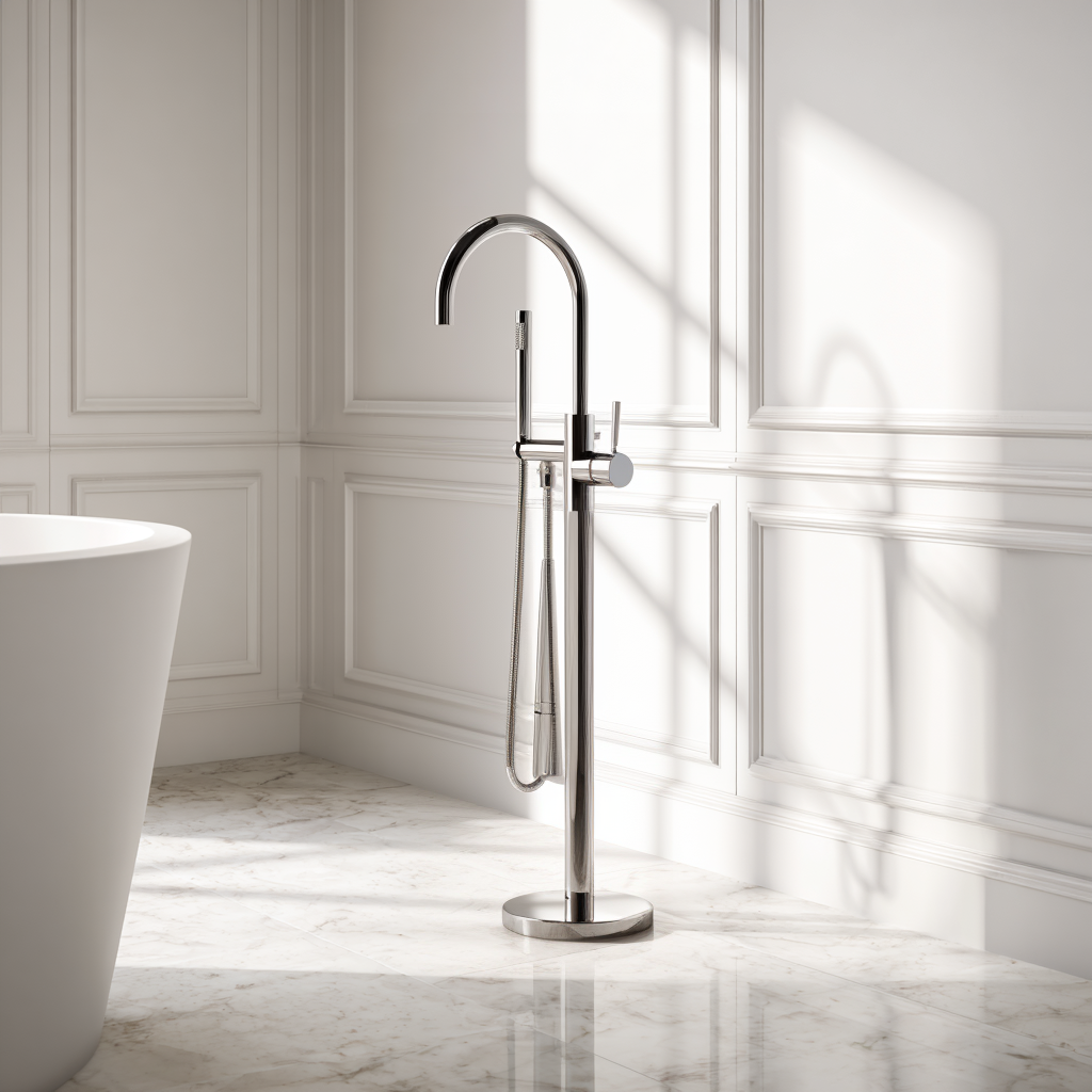 Polished chrome freestanding bath tap – sleek luxury bathroom fixture with mirror finish