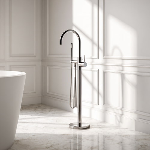 Polished chrome freestanding bath tap – sleek luxury bathroom fixture with mirror finish
