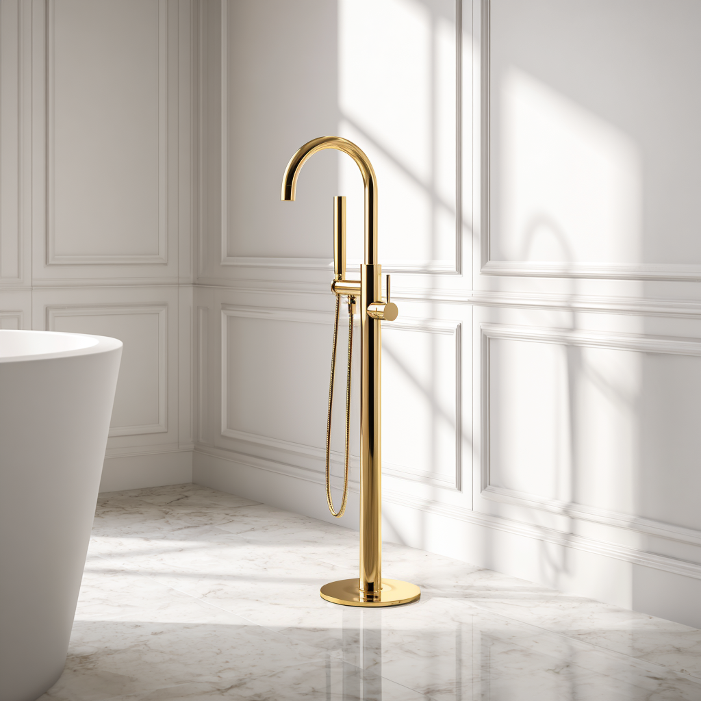 Polished gold freestanding bath tap – elegant luxury bathroom fixture in brass