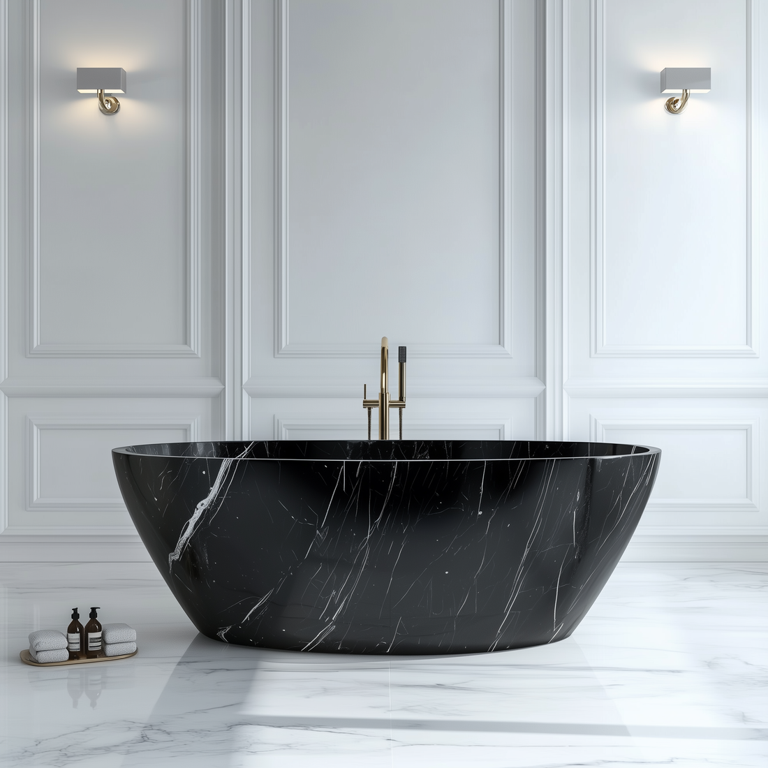 Luxury Brasilia black marble oval bathtub with striking white veining – freestanding stone bath