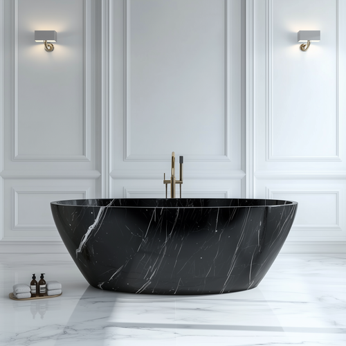 Luxury Brasilia black marble oval bathtub with striking white veining – freestanding stone bath