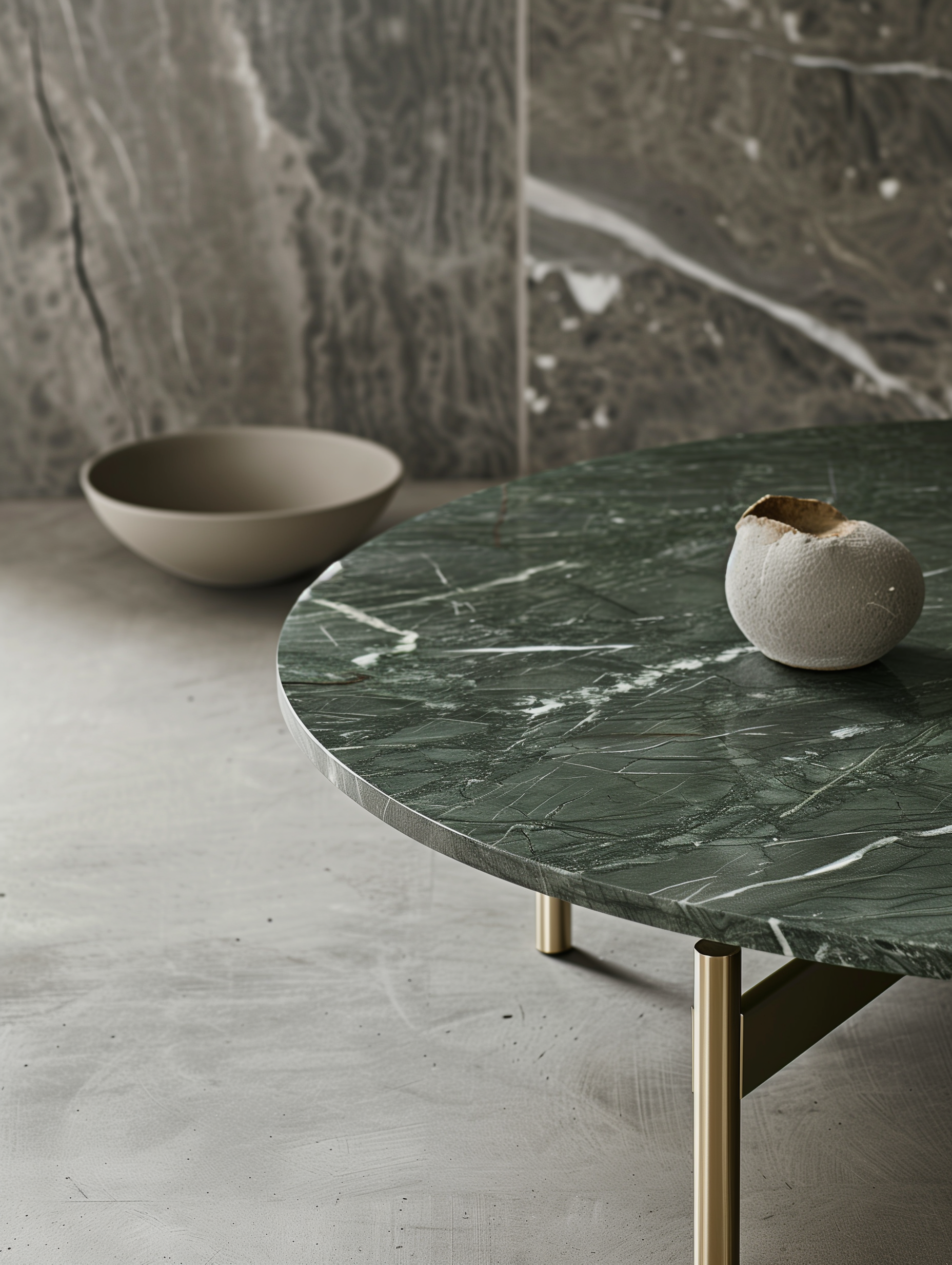 Green marble coffee table with gold legs against a stone wall.