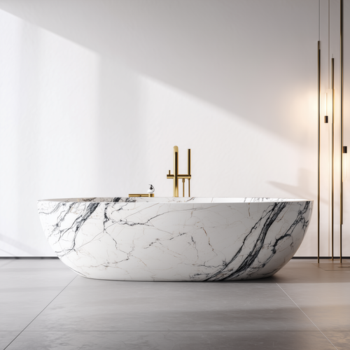 Panda white marble oval bathtub with bold black veining – luxury freestanding stone bath