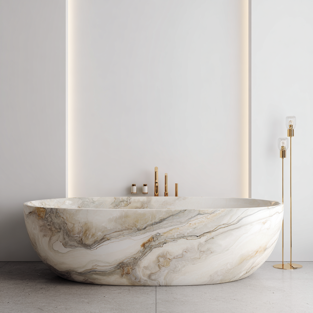 Aurora marble oval bathtub with golden veining – handcrafted luxury freestanding bath