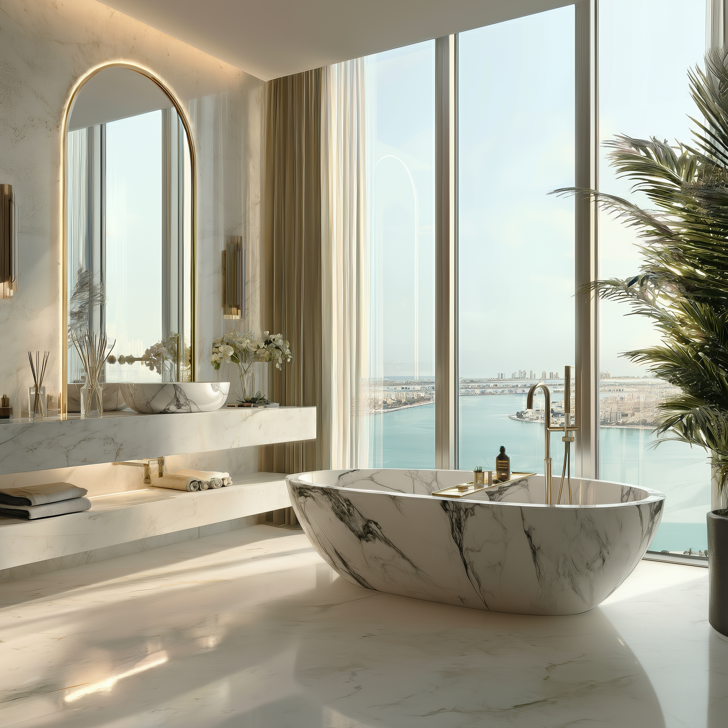 Modern bathroom with marble bathtub, large window, and city view in Dubai.