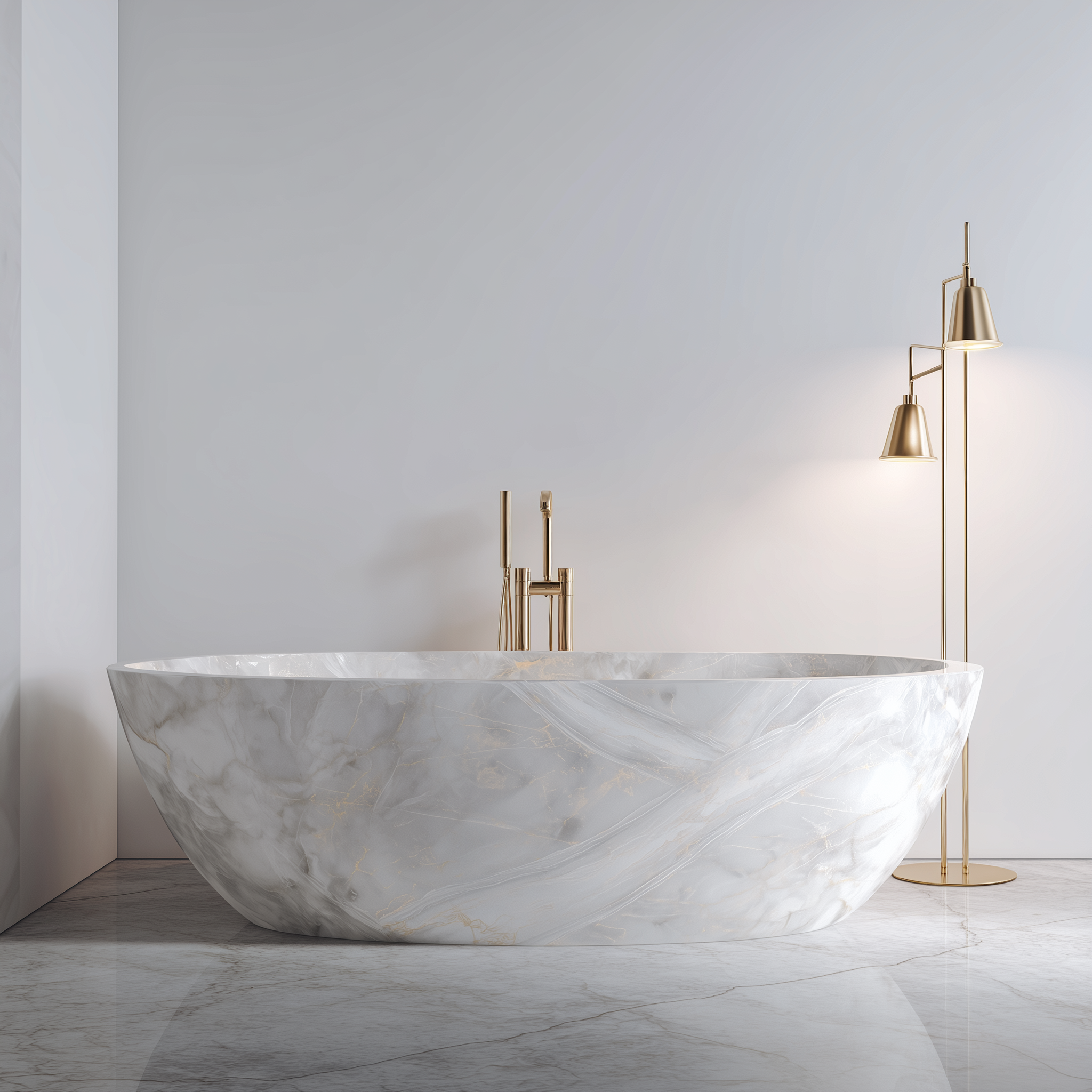 Glacier white marble oval bathtub with grey ripples – luxury handcrafted freestanding stone bath