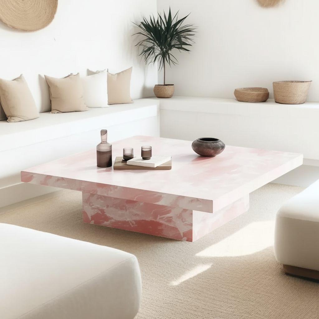 Modern living room with a pink marble coffee table and neutral decor.