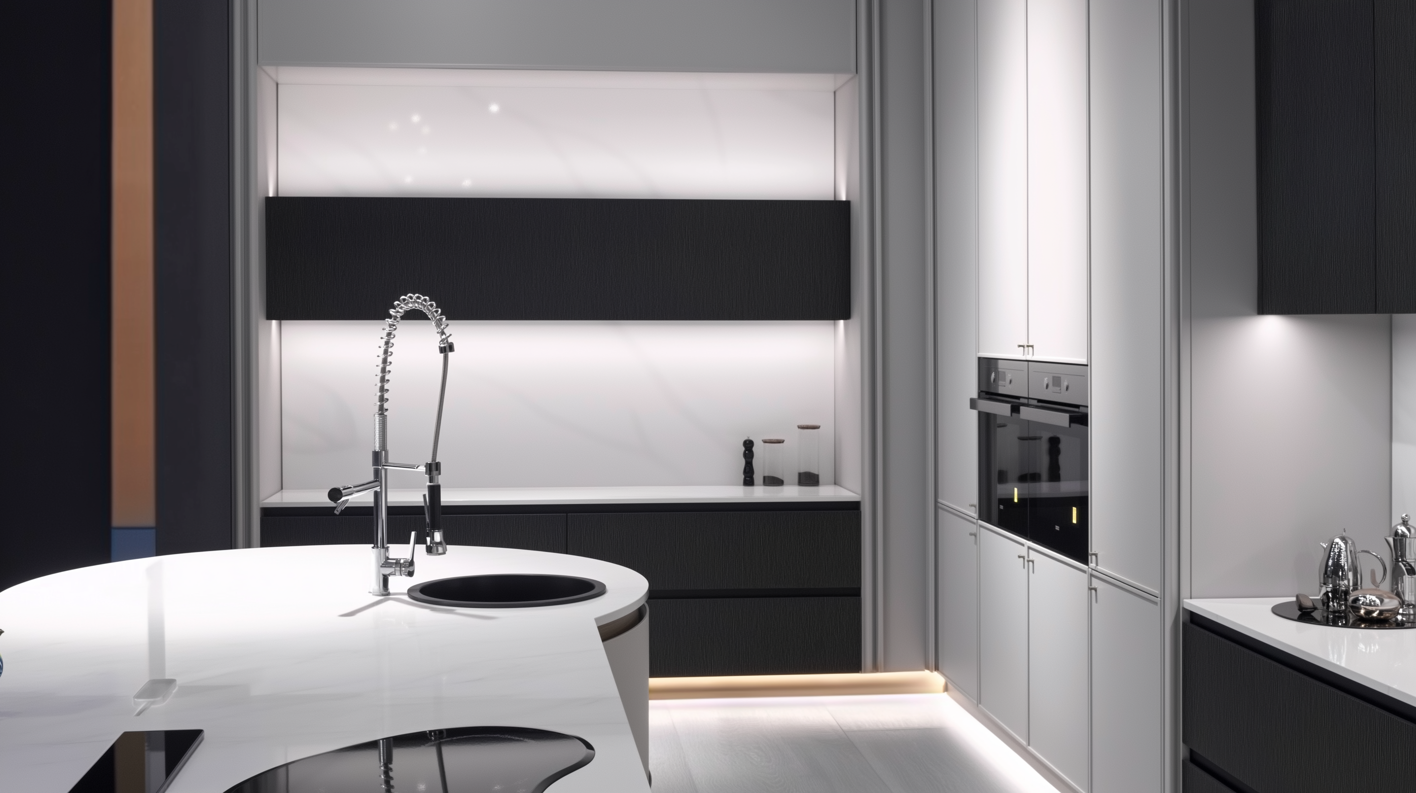 Modern kitchen with white island, black appliances, and sleek design.