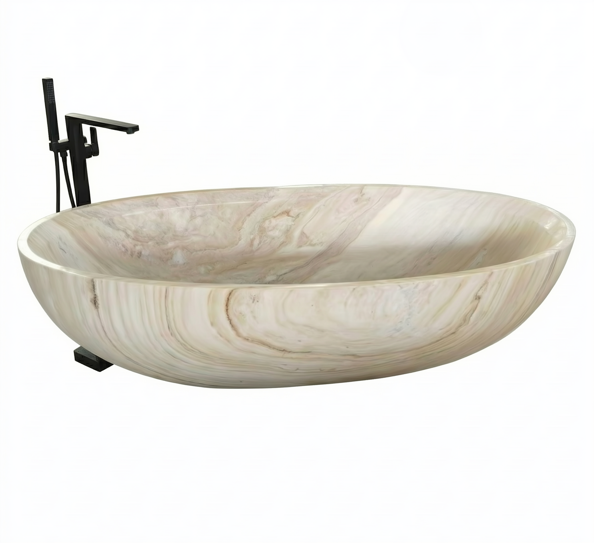 Palissandro White Marble bathtub with black faucet on a white background