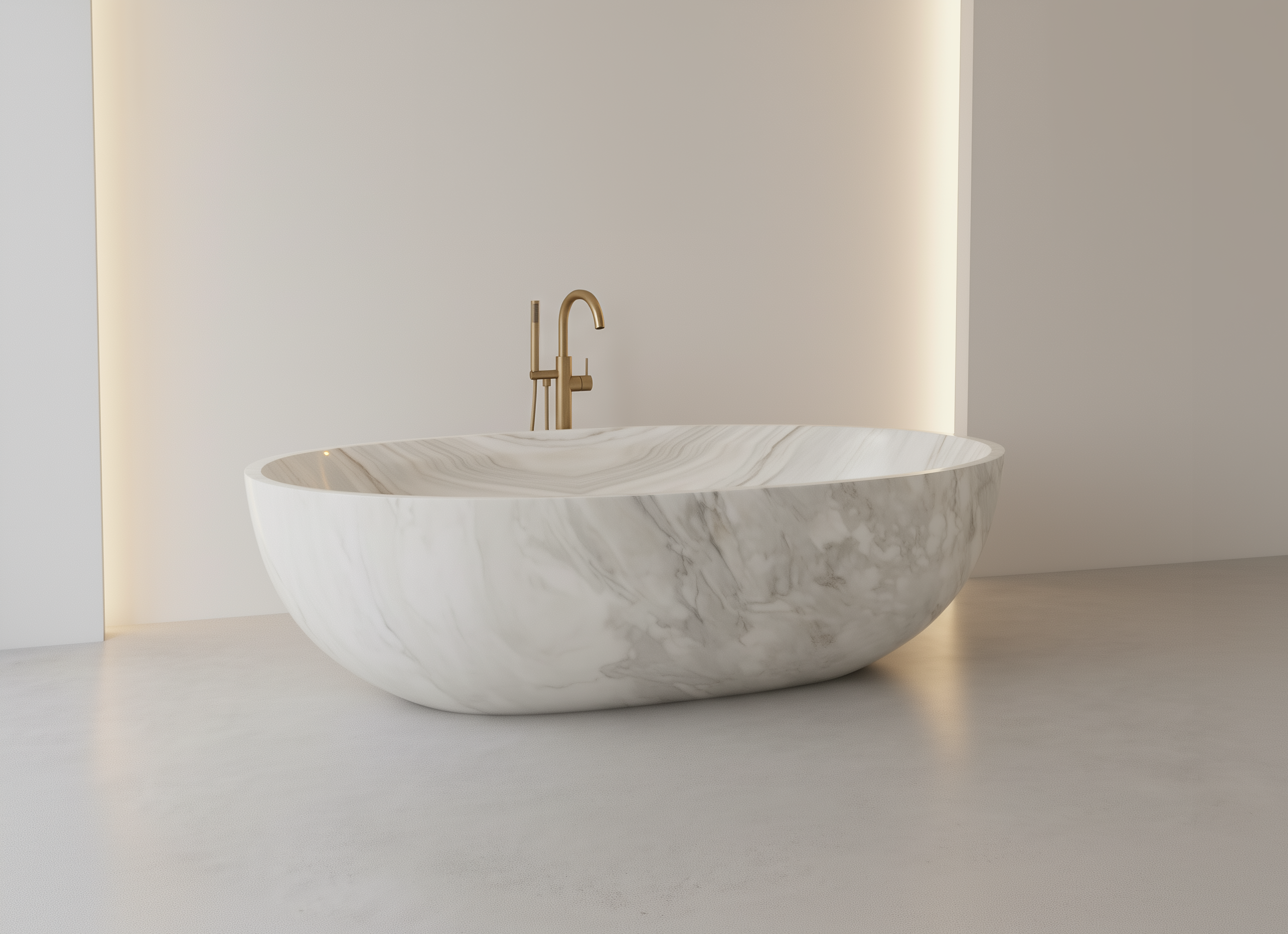 Palissandro White Marble-patterned freestanding bathtub in a minimalistic bathroom setting.