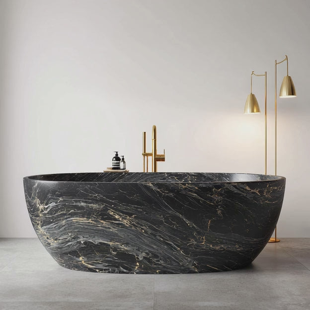 Load video: Obsidian Gold Marble Oval Bathtub