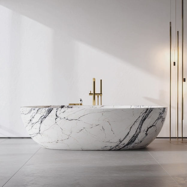 Load video: Panda White Marble Oval Bathtub