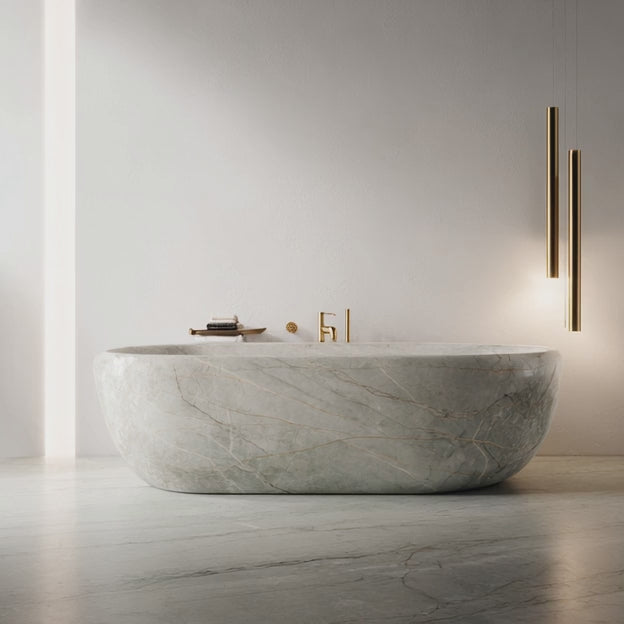 Load video: Verde Jade Marble Oval Bathtub