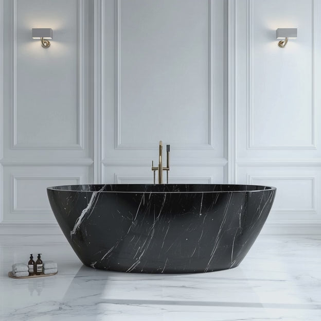 Load video: Brasilia Black Oval Marble Bathtub