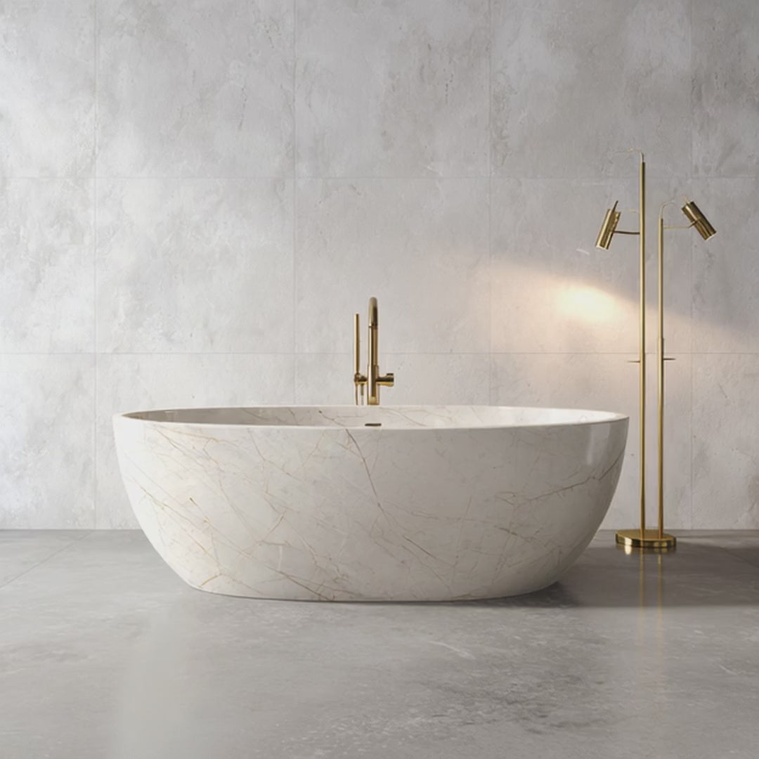 Load video: Sofitel Gold Marble Oval Bathtub