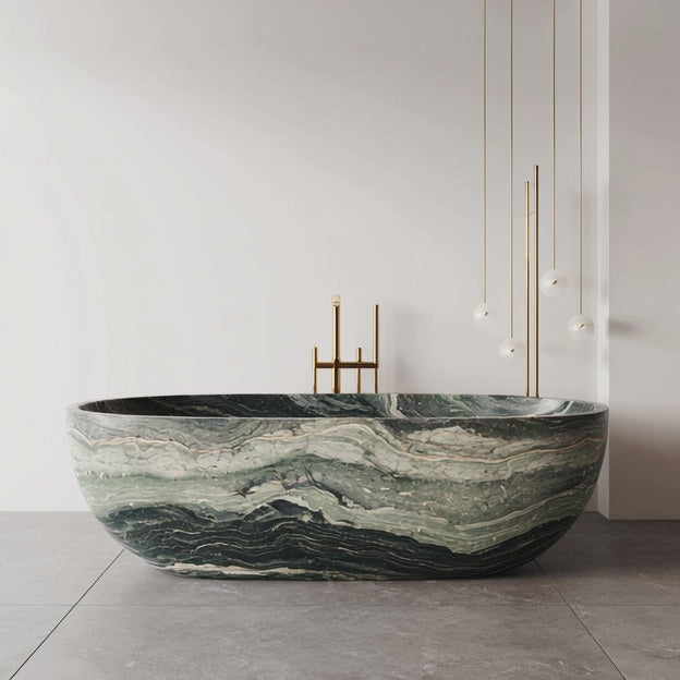Load video: Verde Victoria Marble Oval Bathtub